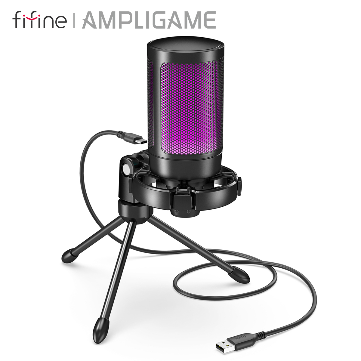 Streaming Mic Condenser - FIFINE RGB USB ゲーミングマイク、ライトタッチミュート付き、PC、PS4/5、ラップトップストリーミング用三脚付きコンデンサーマイク-A2