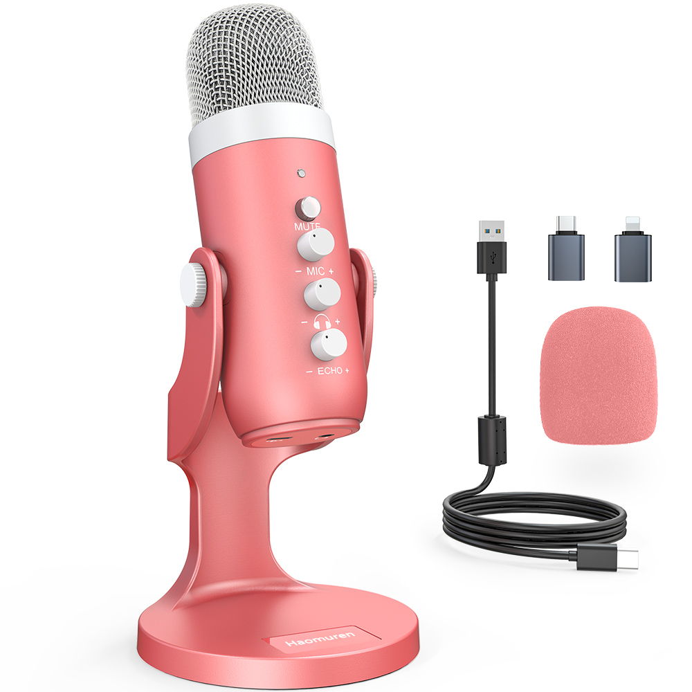 Streaming Mic Condenser - Haomuren-USBコンデンサーマイク,ピンクのスタジオ録音マイク,PC, Mac,コンピューター,電話,ゲーム,ストリーミング,ポッドキャスティング,ラップトップ,デスクトップ用