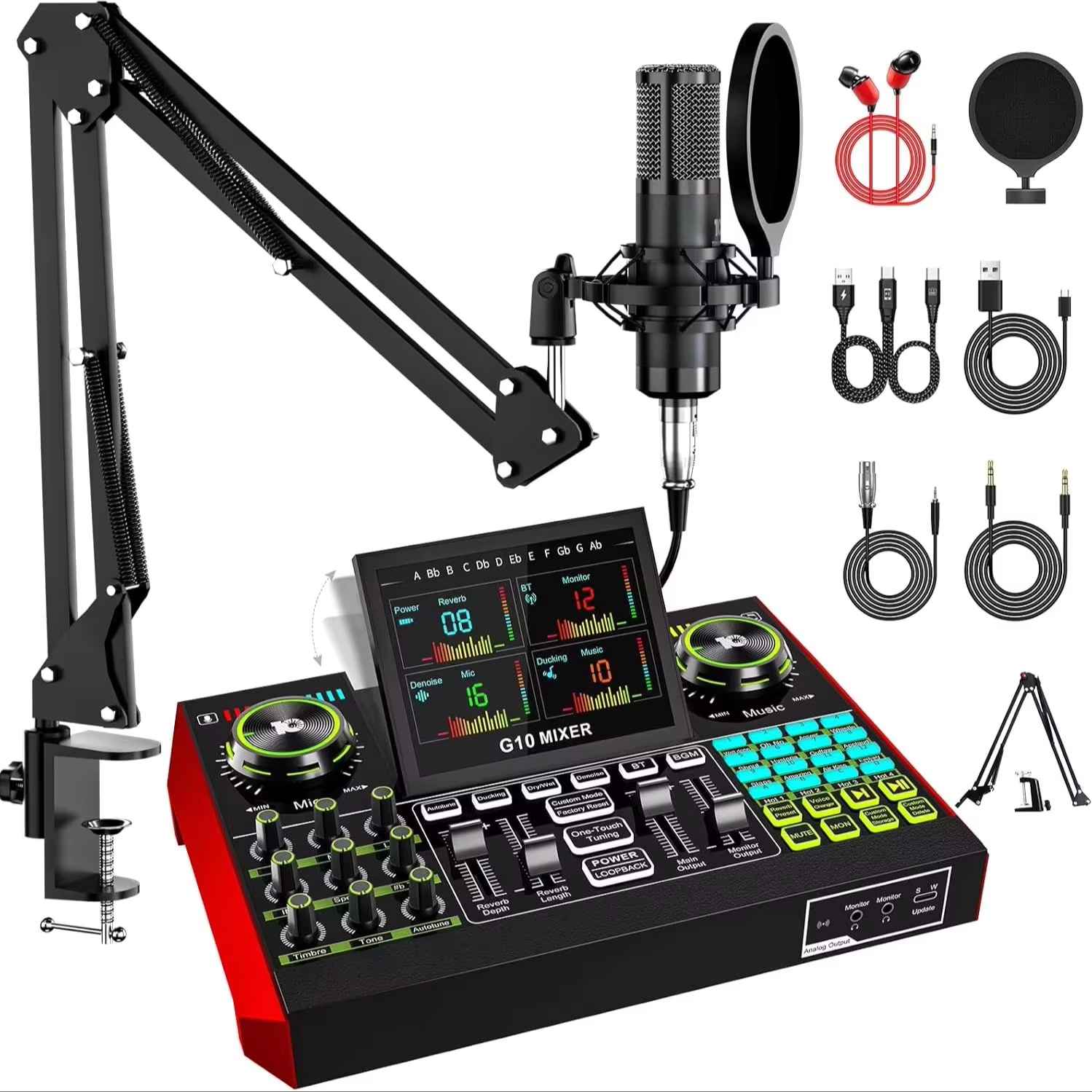 Streaming Mic Condenser - Tenlamp G10 ライブストリーミングオーディオインターフェースゲーミングオーディオミキサー、3.5mmコンデンサーマイク付きポッドキャスト機器、PC/電話用サウンドカード、ポッドキャスト録音、ボイスチェンジャー、ノイズ除去、ファンタム電源、リバーブ、ミュージックパワーコンディショナー、カラオケマシン