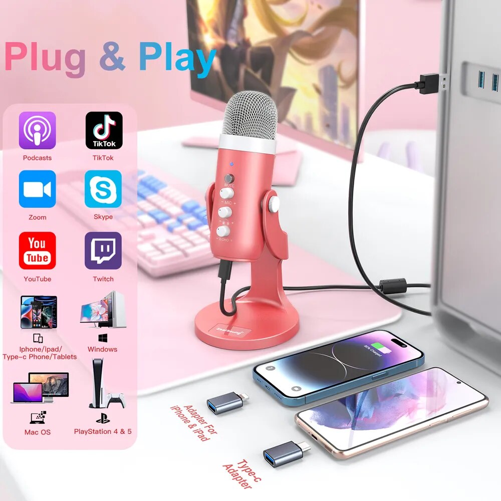 Haomuren-USBコンデンサーマイク,ピンクのスタジオ - Streaming Mic Condenser のレビューと価格